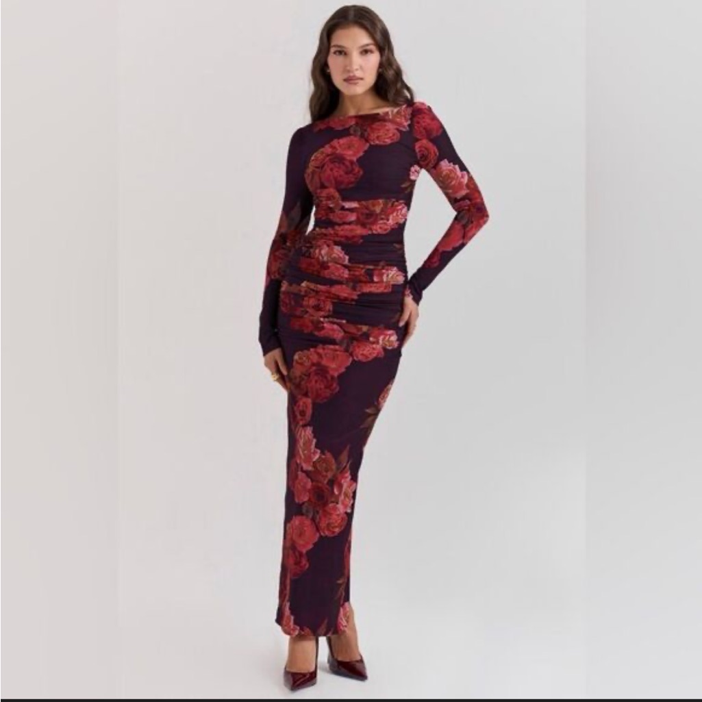House Of Cb Burgundy Floral Long Sleeve Maxi Dress